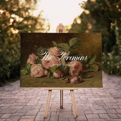 36376357-MCV-HS-36X24 - Wedding Easel Sign | Personalized Pink Roses Vintage Canvas | Framed Welcome Sign for Ceremony