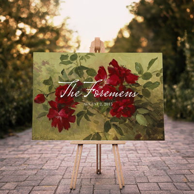 25793804-MCV-HS-36X24 - Wedding Easel Sign | Personalized Red Roses Vintage Canvas | Framed Welcome Sign for Ceremony
