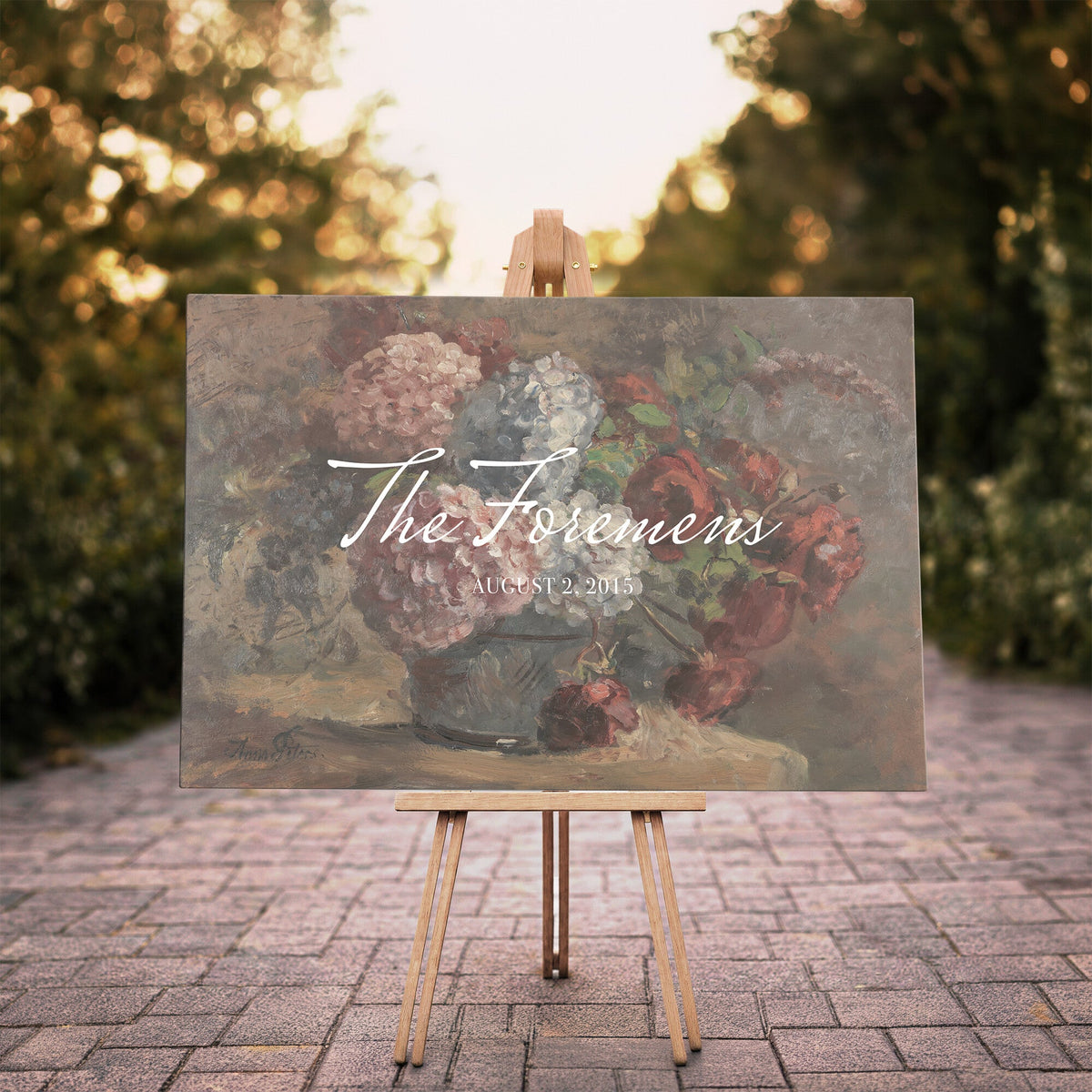 48524805-MCV-HS-36X24 - Wedding Easel Sign | Personalized Rose Bouquet Vintage Canvas | Framed Welcome Sign for Ceremony