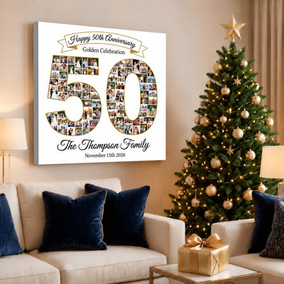 Personalized 50th Anniversary Photo Collage Wall Art Print, Golden Celebration Gift