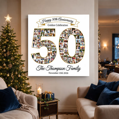 Personalized 50th Anniversary Photo Collage Wall Art Print, Golden Celebration Gift