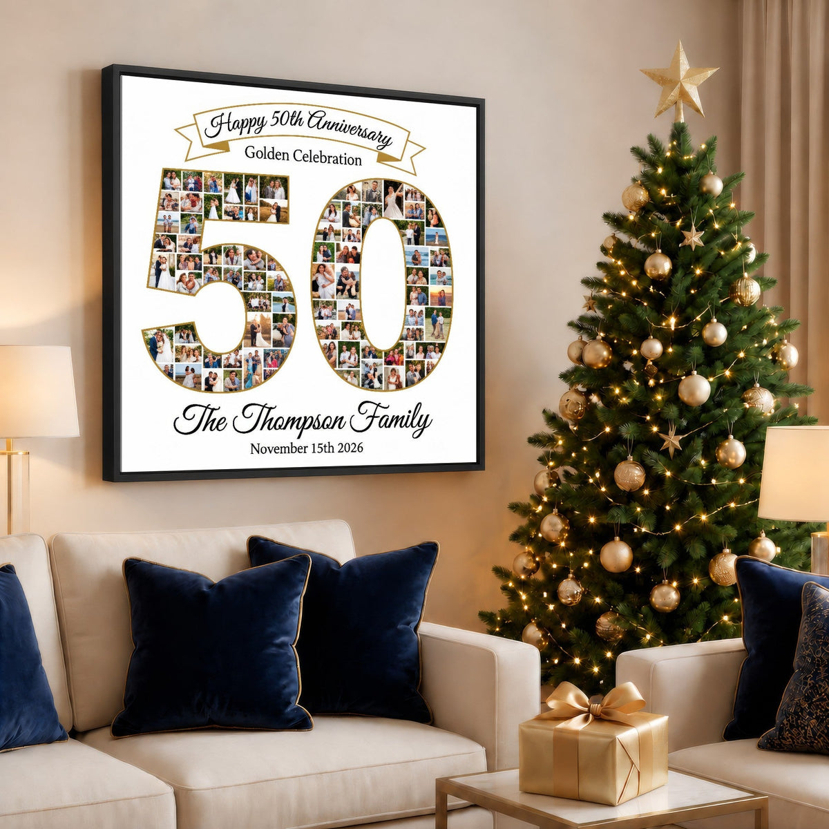 Personalized 50th Anniversary Photo Collage Wall Art Print, Golden Celebration Gift