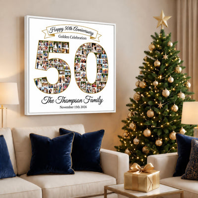 Personalized 50th Anniversary Photo Collage Wall Art Print, Golden Celebration Gift