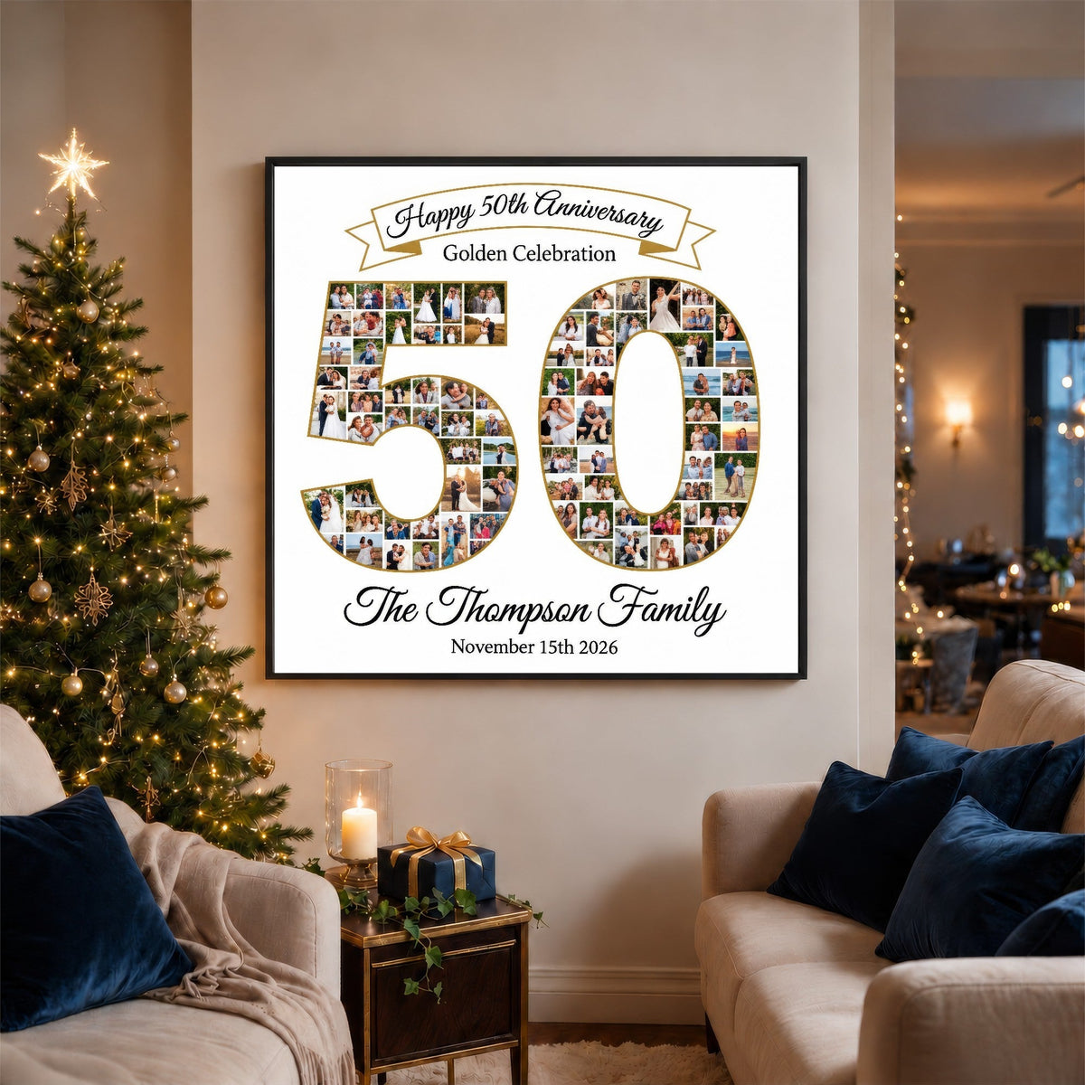 Personalized 50th Anniversary Photo Collage Wall Art Print, Golden Celebration Gift