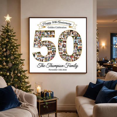 Personalized 50th Anniversary Photo Collage Wall Art Print, Golden Celebration Gift