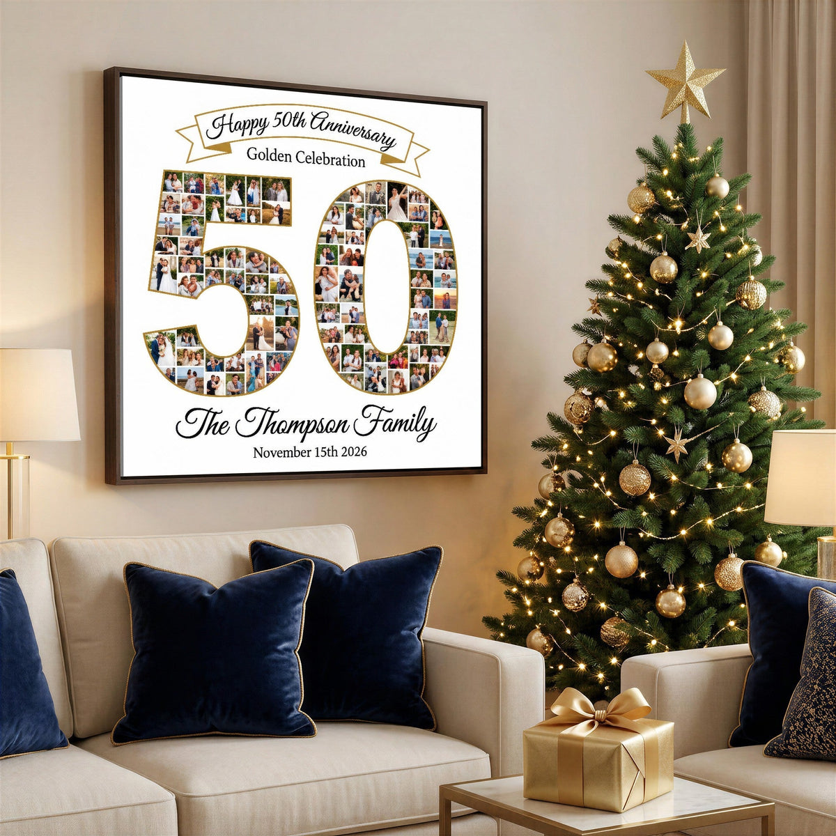 Personalized 50th Anniversary Photo Collage Wall Art Print, Golden Celebration Gift
