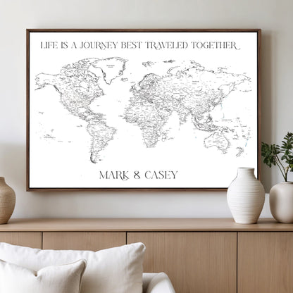 CSM02-MGV-CV-36X24-Custom Push Pin World Map Print – Personalized Canvas Wall Art for Travel Memories, Framed Gift for Couples, Anniversary or Wedding