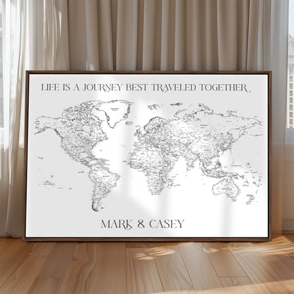 CSM02-MGV-CV-36X24-Custom Push Pin World Map Print – Personalized Canvas Wall Art for Travel Memories, Framed Gift for Couples, Anniversary or Wedding