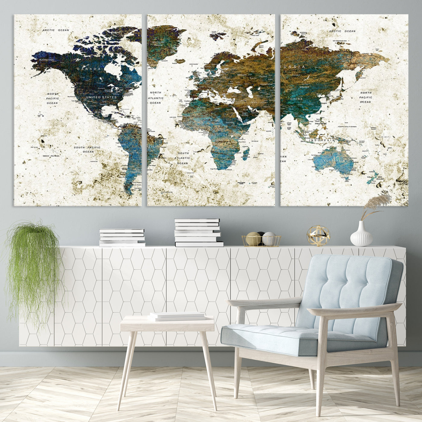 Vintage World Map Wall Art Canvas Print, Framed Rustic Earth Map Art Picture Print, Antique Map Perfect Rustic Vintage Decor Artwork