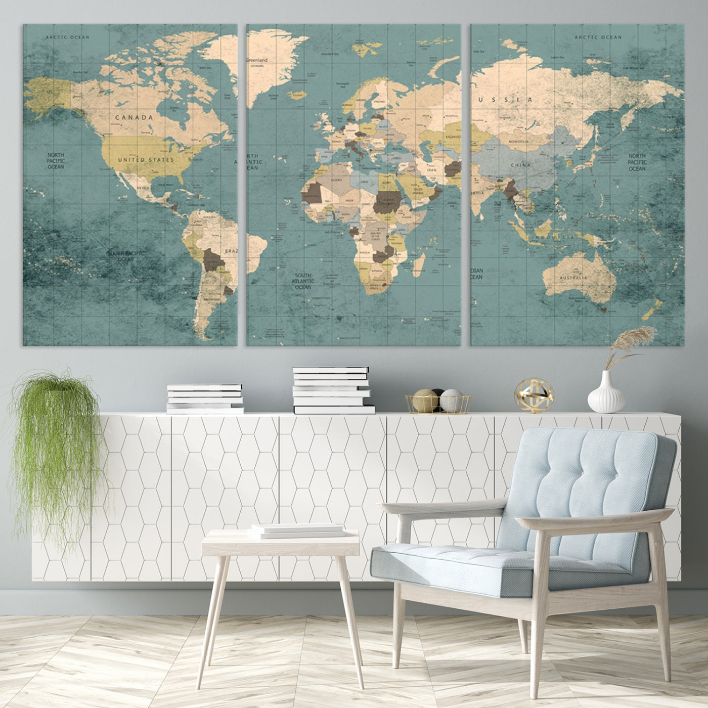 Classic World Map Wall Art Canvas Print, Framed Retro Map Art Picture Print, Vintage Atlas Perfect Rustic Explorer Decor Artwork