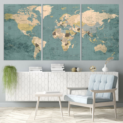 Classic World Map Wall Art Canvas Print, Framed Retro Map Art Picture Print, Vintage Atlas Perfect Rustic Explorer Decor Artwork