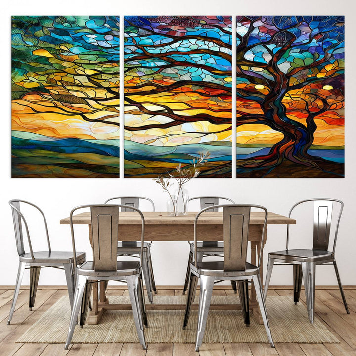 A vivid Tree of Life in stained glass style is depicted with twisted branches, a colorful sky, and hills on a ready-to-hang canvas.
