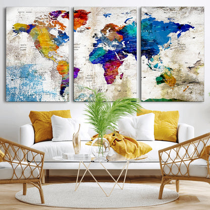 Push Pin World Map Canvas Print – Framed Wall Art for Couples to Track Their Travels – Anniversary Gift or Home Adventure Decor
