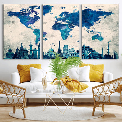 Navy Blue World Map Canvas Print, Wonder of World Map Push Pin Canvas Print