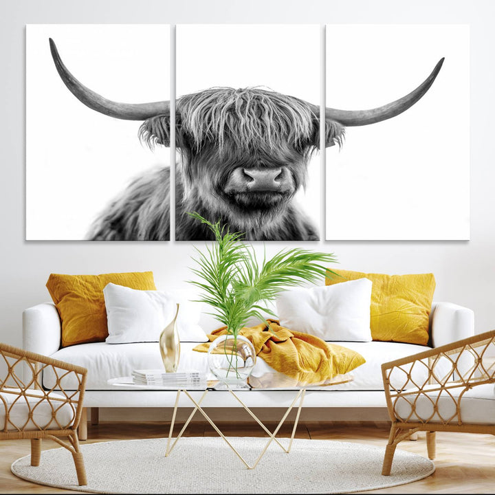 Scottish Highland Cow Cattle Art Print Wall Art Canvas Print for Farmhouse Decor, Framed Scottish Highland Cow Canvas