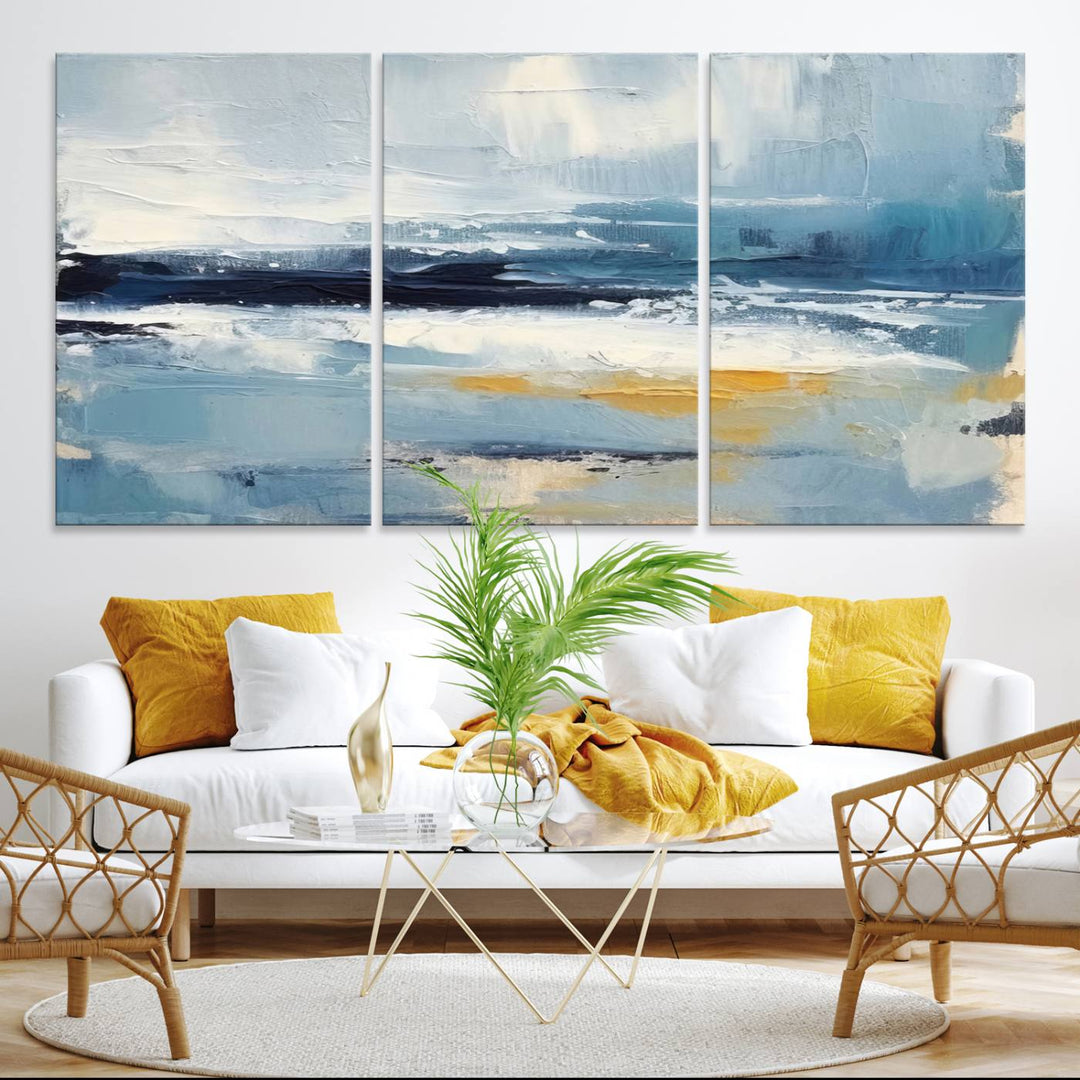 Abstract Ocean Canvas Wall Art - Coastal Blue and Gold Textured Painting, Modern Seascape Decor for Living Room Decor