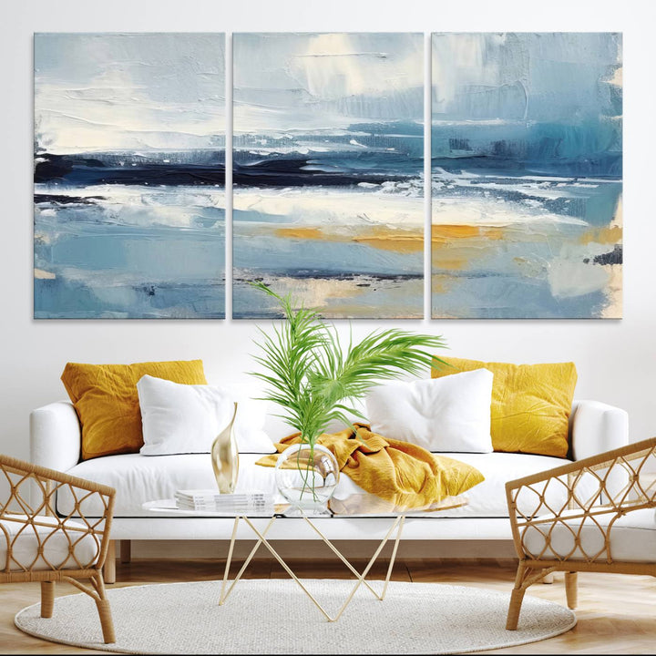 Abstract Ocean Canvas Wall Art - Coastal Blue and Gold Textured Painting, Modern Seascape Decor for Living Room Decor