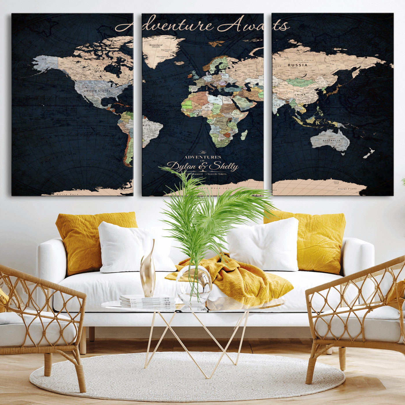 43186793-MGV-CV-30X20-Personalized World Map Print, Customizable Push Pin Framed World Map Print on Canvas - Custom Quote on Map Print