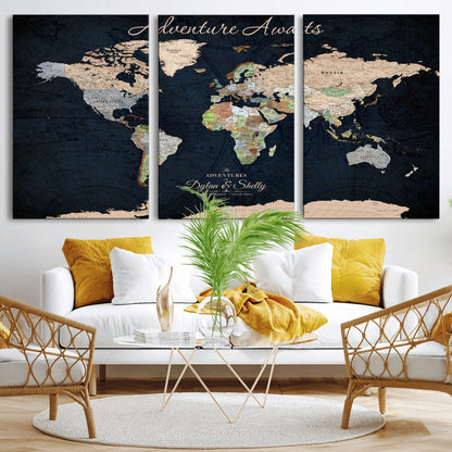 43186793-MGV-CV-30X20-Personalized World Map Print, Customizable Push Pin Framed World Map Print on Canvas - Custom Quote on Map Print