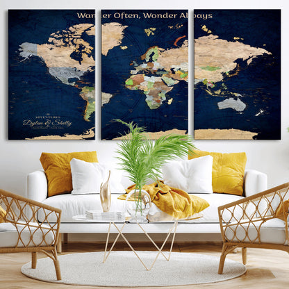 12399561-MGV-CV-30X20-Personalized World Map Print, Customizable Push Pin Framed World Map Print on Canvas - Custom Quote on Map Print
