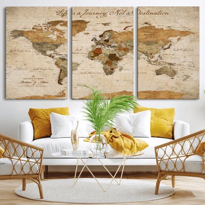 79036691-MGV-CV-30X20-Custom Push Pin World Map Wall Canvas Print – Personalized Travel Tracker with Pins – Framed Custom Quotie Canvas for Home Office Decor