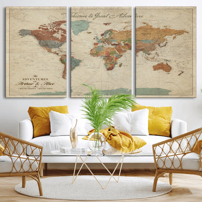 17587858-MGV-CV-36X24-Custom Push Pin World Map Wall Canvas Print – Personalized Travel Tracker with Pins – Framed Custom Quotie Canvas for Home Office Decor
