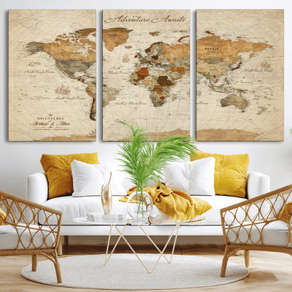 64295326-MGV-CV-30X20-Custom Push Pin World Map Wall Canvas Print – Personalized Travel Tracker with Pins – Framed Custom Quotie Canvas for Home Office Decor