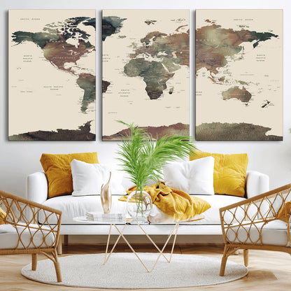 Push Pin World Map Canvas Print – Framed Wall Art for Couples to Track Their Travels – Anniversary Gift or Home Adventure Decor