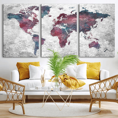 Push Pin World Map Canvas Print – Framed Wall Art for Couples to Track Their Travels – Anniversary Gift or Home Adventure Decor