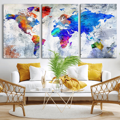 Push Pin World Map Canvas Print – Framed Wall Art for Couples to Track Their Travels – Anniversary Gift or Home Adventure Decor