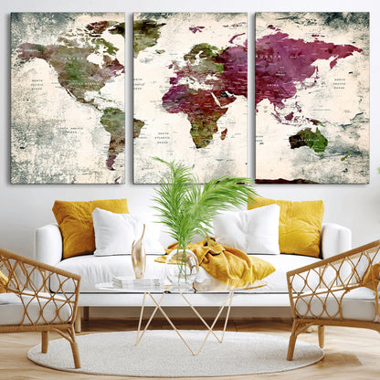Push Pin World Map Canvas Print – Framed Wall Art for Couples to Track Their Travels – Anniversary Gift or Home Adventure Decor