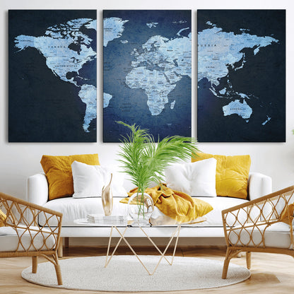 Push Pin World Map Canvas Print – Framed Wall Art for Couples to Track Their Travels – Anniversary Gift or Home Adventure Decor