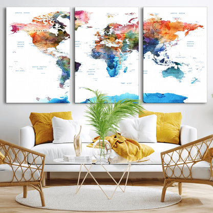 Push Pin World Map Canvas Print – Framed Wall Art for Couples to Track Their Travels – Anniversary Gift or Home Adventure Decor