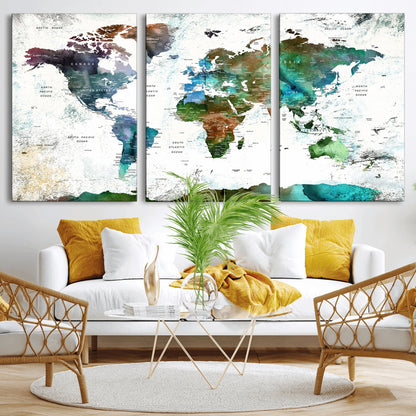 Push Pin World Map Canvas Print – Framed Wall Art for Couples to Track Their Travels – Anniversary Gift or Home Adventure Decor