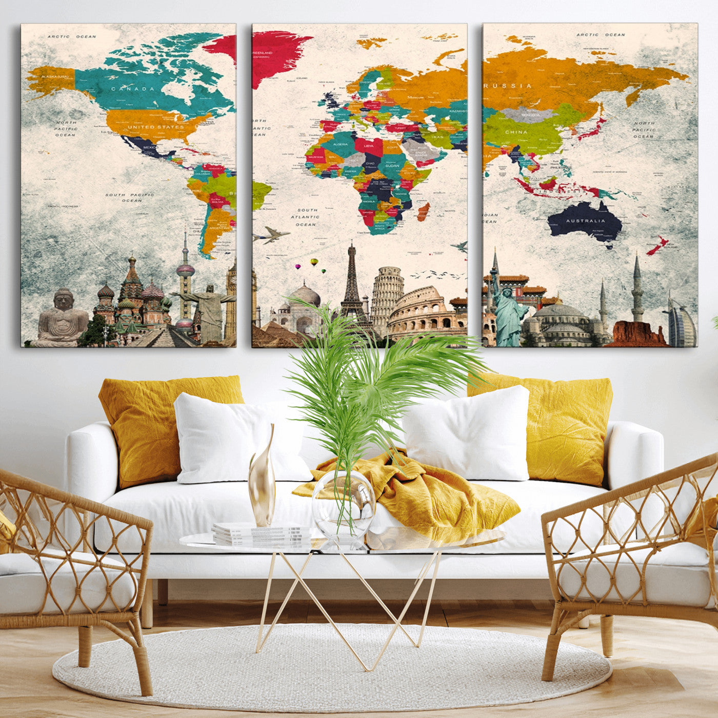 Push Pin World Map Canvas Print – Framed Wall Art for Couples to Track Their Travels – Anniversary Gift or Home Adventure Decor