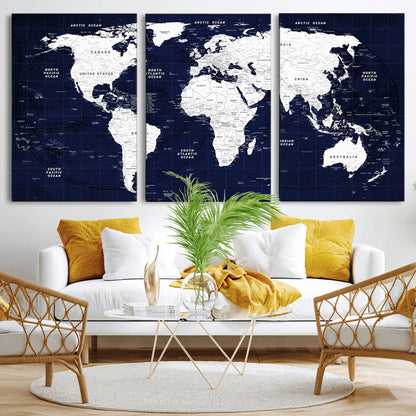 Push Pin World Map Canvas Print – Framed Wall Art for Couples to Track Their Travels – Anniversary Gift or Home Adventure Decor