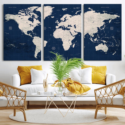 Push Pin World Map Canvas Print – Framed Wall Art for Couples to Track Their Travels – Anniversary Gift or Home Adventure Decor