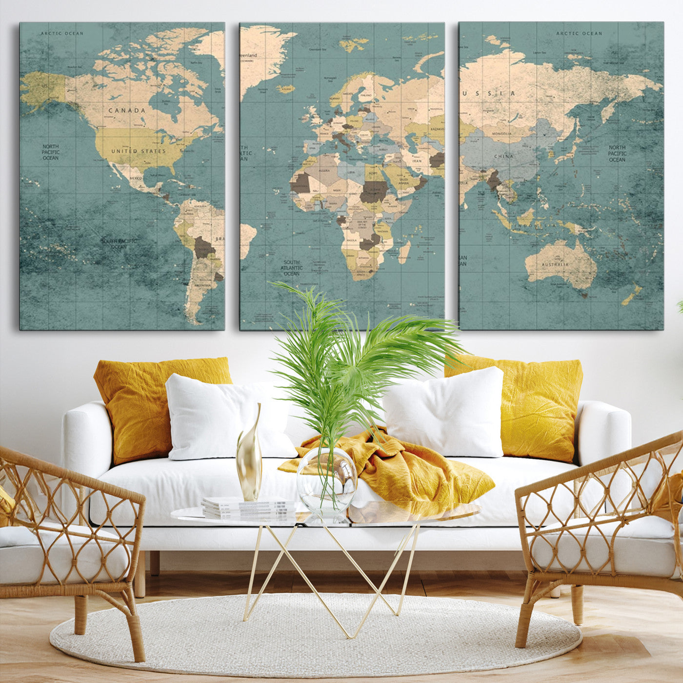 Classic World Map Wall Art Canvas Print, Framed Retro Map Art Picture Print, Vintage Atlas Perfect Rustic Explorer Decor Artwork