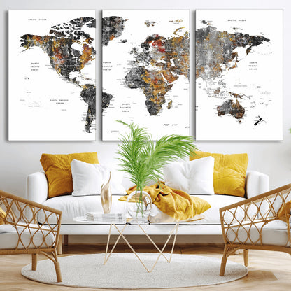 Push Pin World Map Canvas Print – Framed Wall Art for Couples to Track Their Travels – Anniversary Gift or Home Adventure Decor