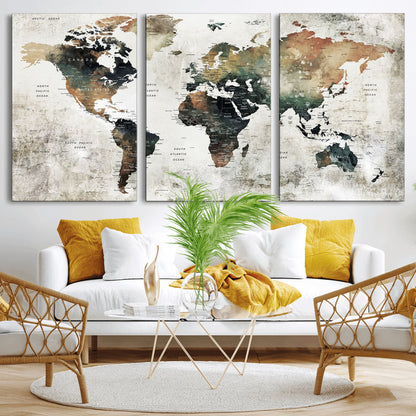 Push Pin World Map Canvas Print – Framed Wall Art for Couples to Track Their Travels – Anniversary Gift or Home Adventure Decor