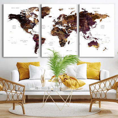 Push Pin World Map Canvas Print – Framed Wall Art for Couples to Track Their Travels – Anniversary Gift or Home Adventure Decor