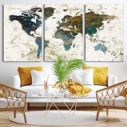 Push Pin World Map Canvas Print – Framed Wall Art for Couples to Track Their Travels – Anniversary Gift or Home Adventure Decor