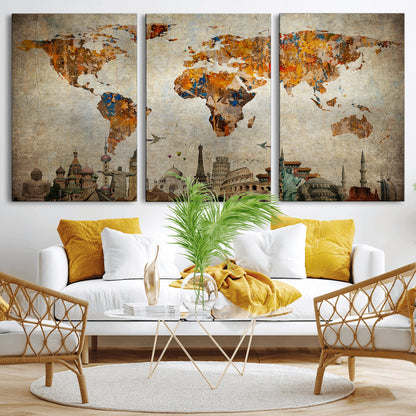 Push Pin World Map Canvas Print – Framed Wall Art for Couples to Track Their Travels – Anniversary Gift or Home Adventure Decor