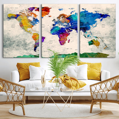 Push Pin World Map Canvas Print – Framed Wall Art for Couples to Track Their Travels – Anniversary Gift or Home Adventure Decor