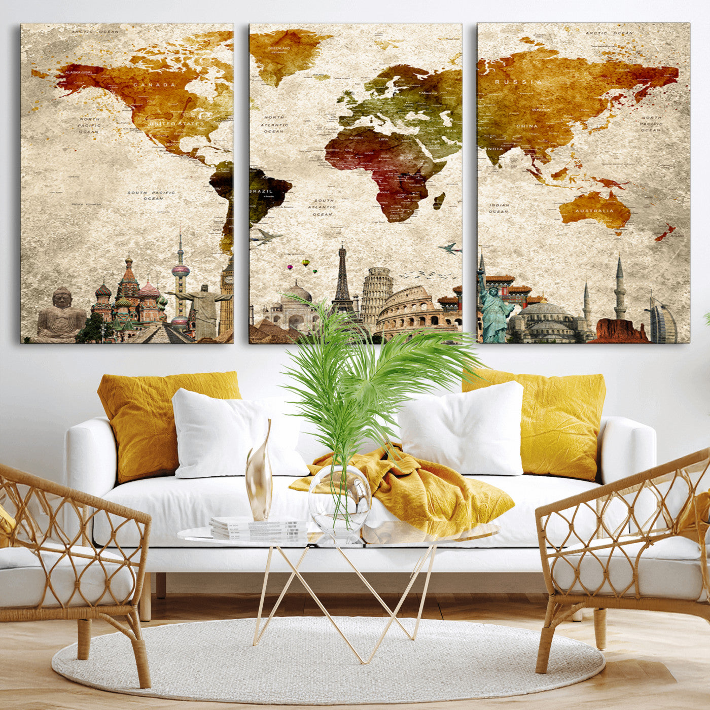 Push Pin World Map Canvas Print – Framed Wall Art for Couples to Track Their Travels – Anniversary Gift or Home Adventure Decor