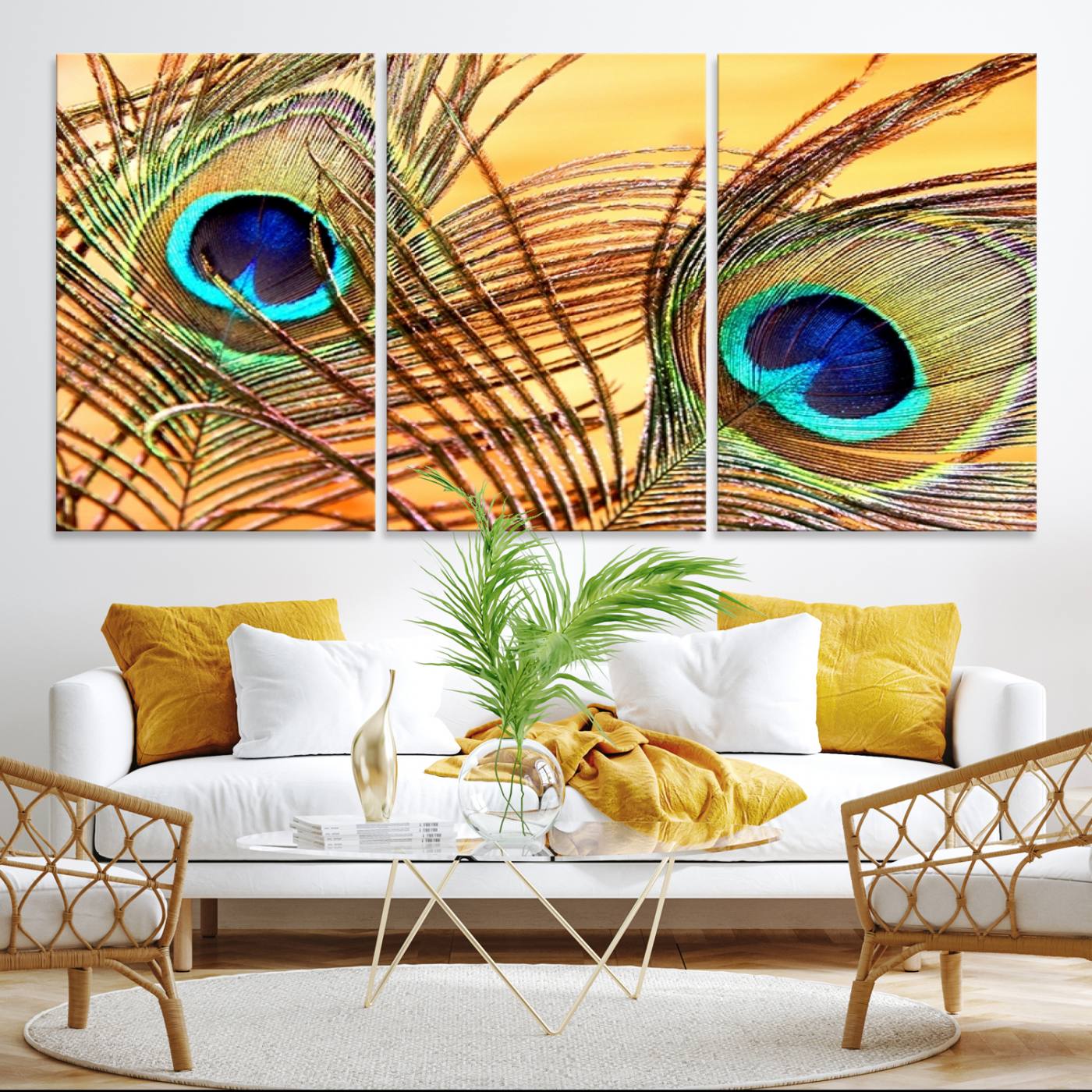 Peacock Feather Wall Art Print - Vibrant Green, Blue, and Orange Peacock Feather Design, Ready to Hang
