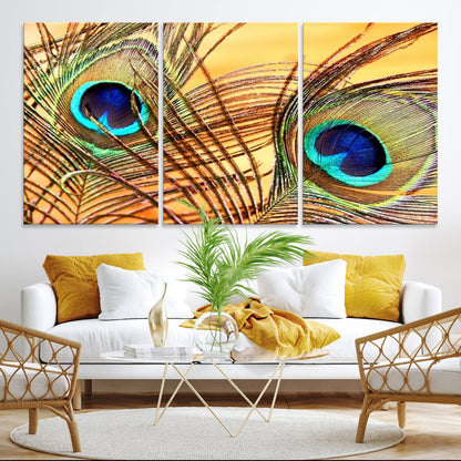 Peacock Feather Wall Art Print - Vibrant Green, Blue, and Orange Peacock Feather Design, Ready to Hang