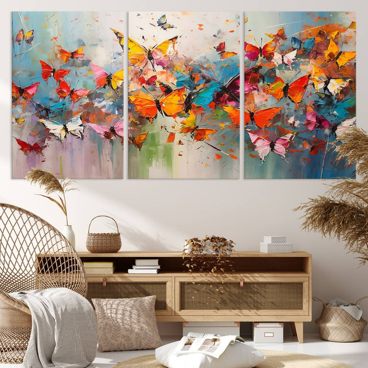 The Abstract Butterfly Wall Art Canvas Print hangs prominently, adding a touch of elegance and creativity to the room.