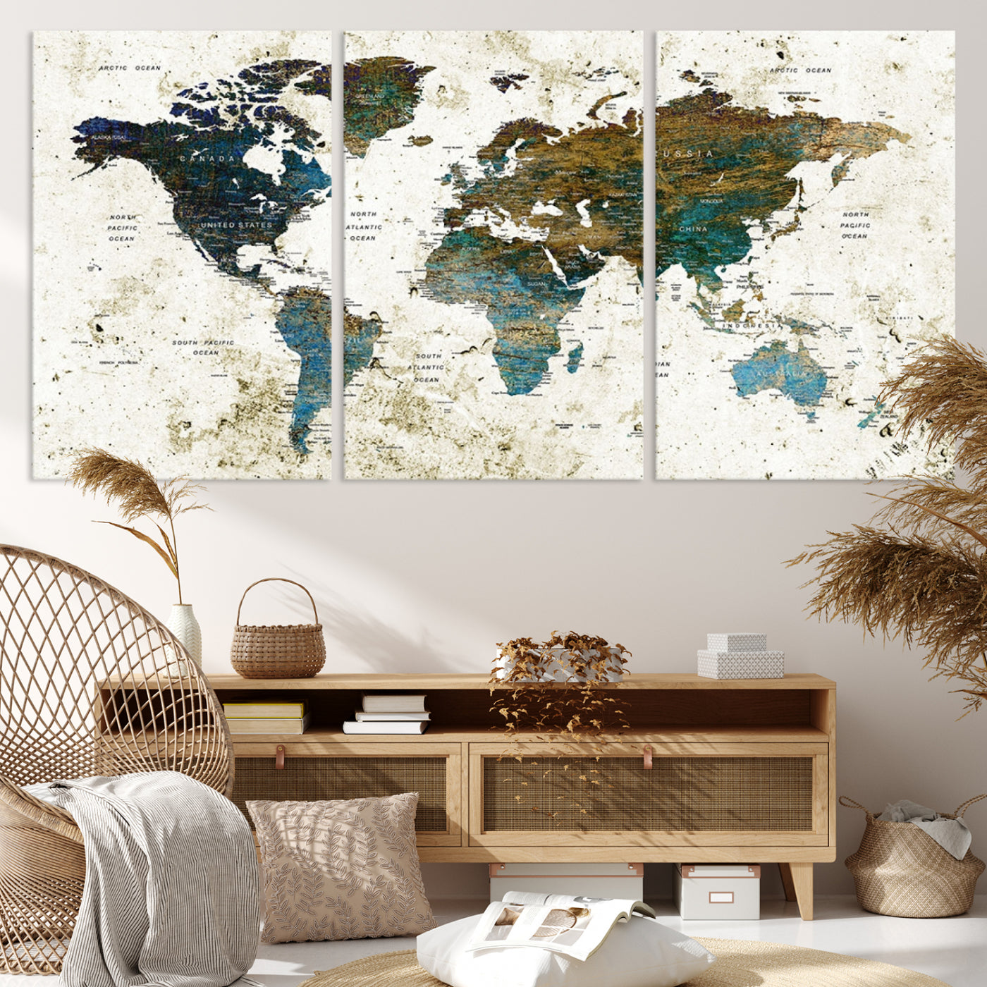 Vintage World Map Wall Art Canvas Print, Framed Rustic Earth Map Art Picture Print, Antique Map Perfect Rustic Vintage Decor Artwork
