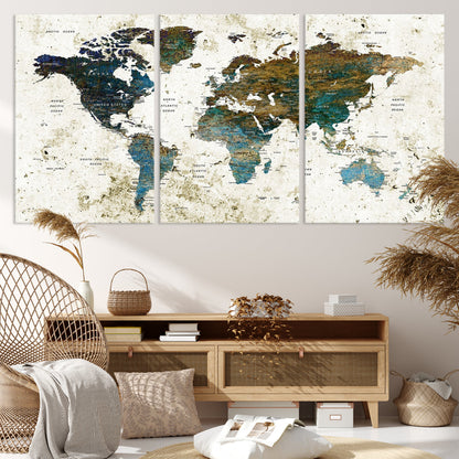 Vintage World Map Wall Art Canvas Print, Framed Rustic Earth Map Art Picture Print, Antique Map Perfect Rustic Vintage Decor Artwork
